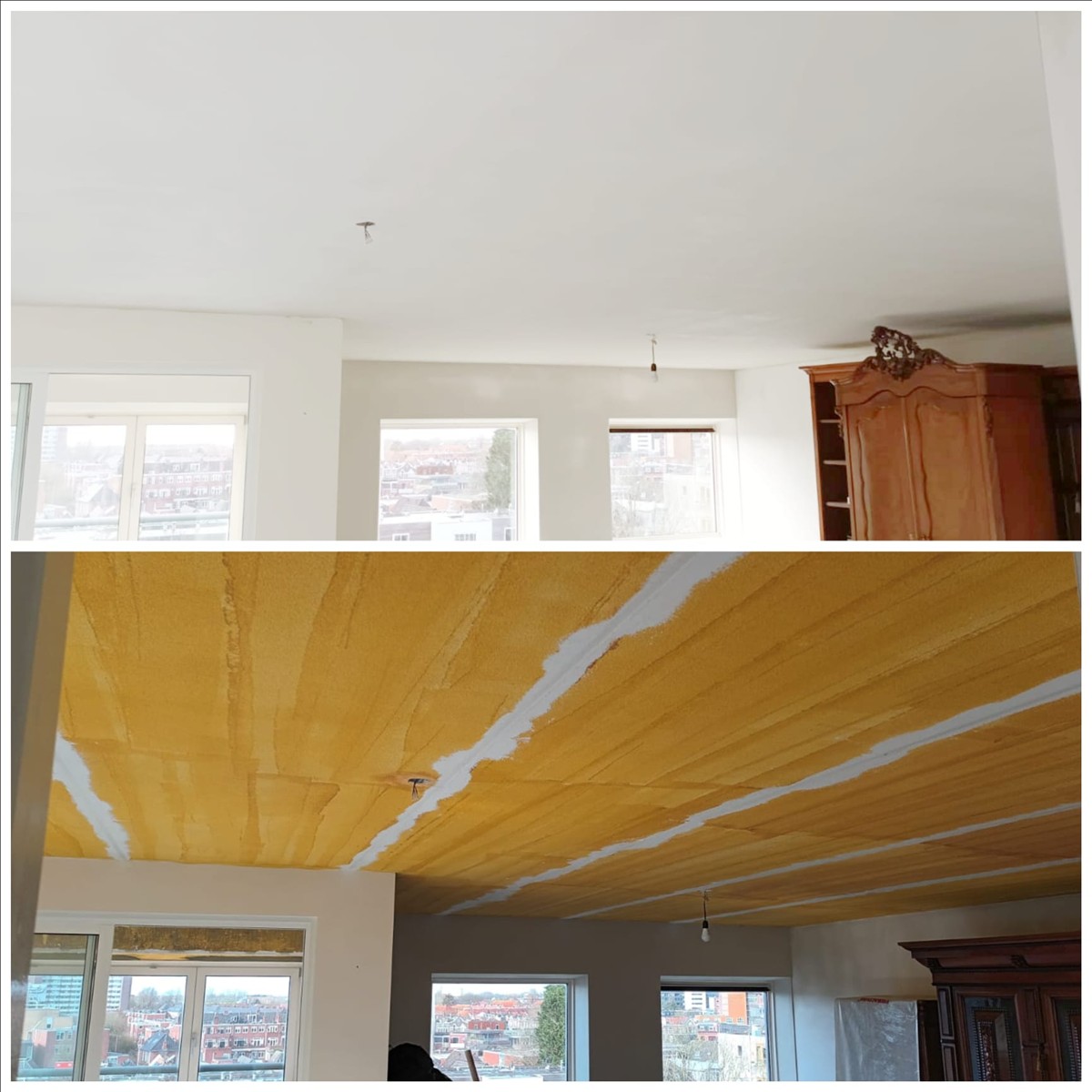 Voor en na projectbeeld van plafond en wanden