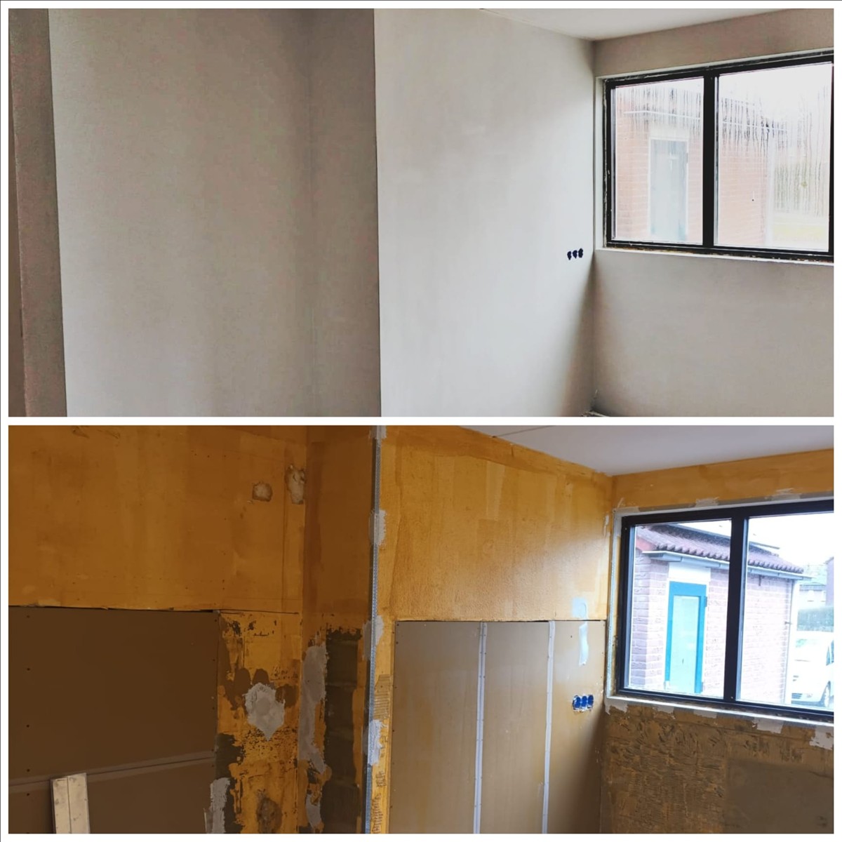 Voor en na projectbeeld van een wand bij een raam